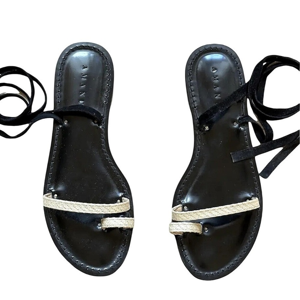 Amanu Black & White Leather Raffia Lace Up Ankle Tie Sandals Made in Italy Sz 8